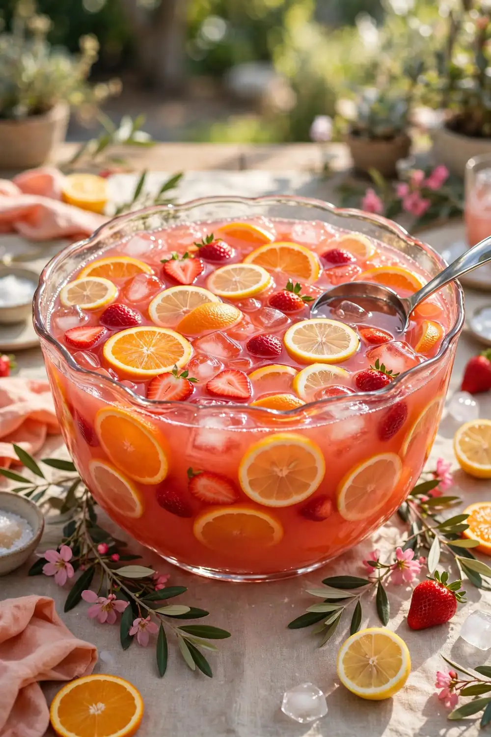 Punch bowl of pink citrus strawberry lemon drink with orange slices and a ladle