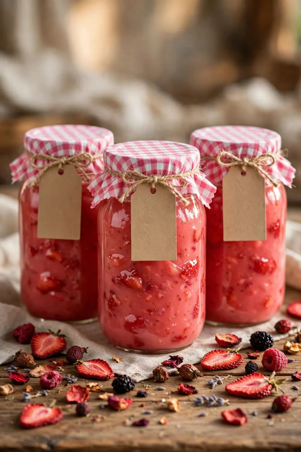 Mason jars of strawberry lemon concentrate with gingham lids and a gift tag on a table