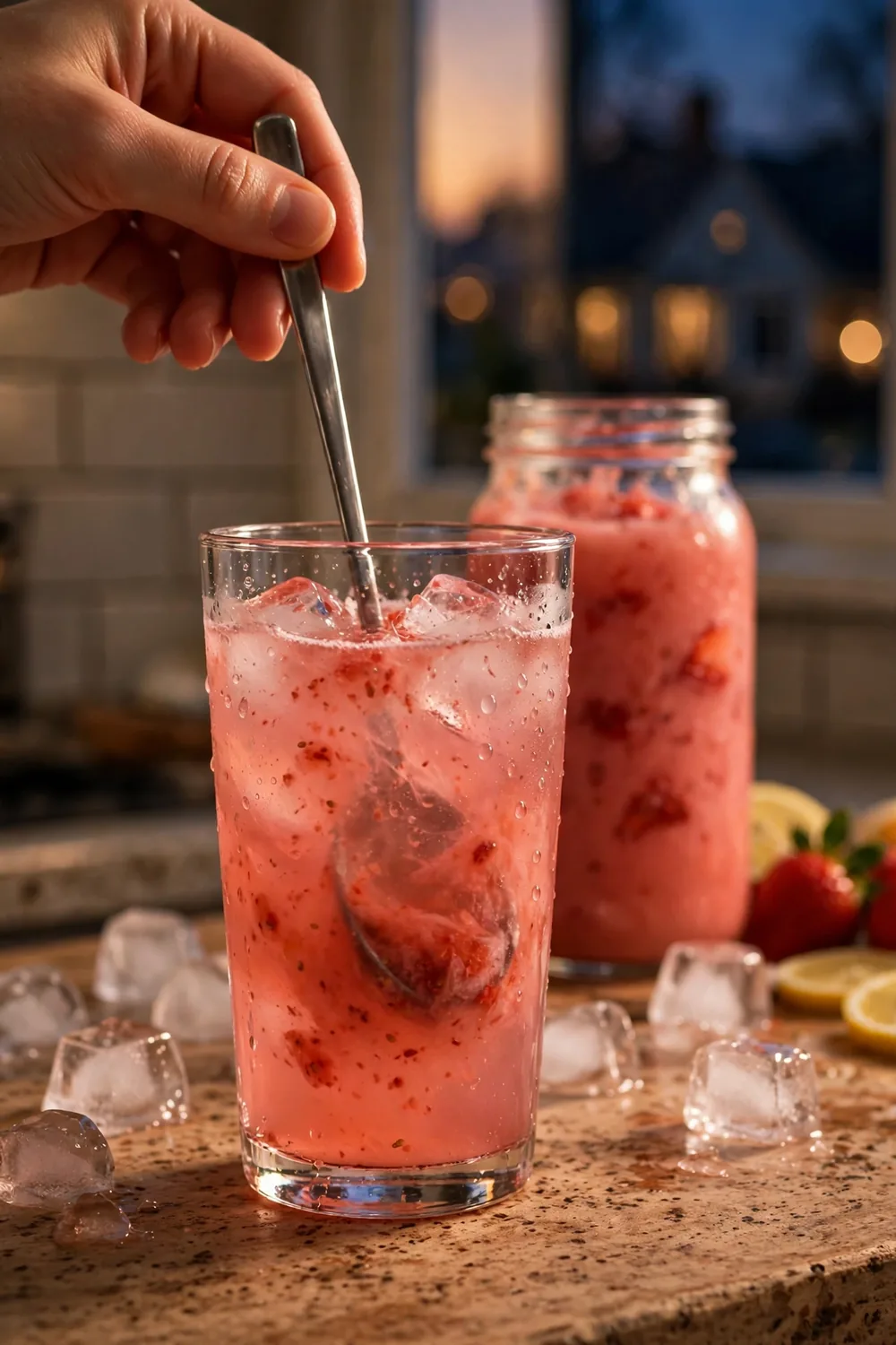 Quick glass of strawberry lemon drink being stirred on a weeknight kitchen counter