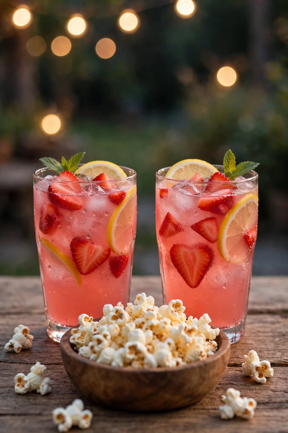 Outdoor movie night setup with glasses of pink strawberry lemon drink and popcorn