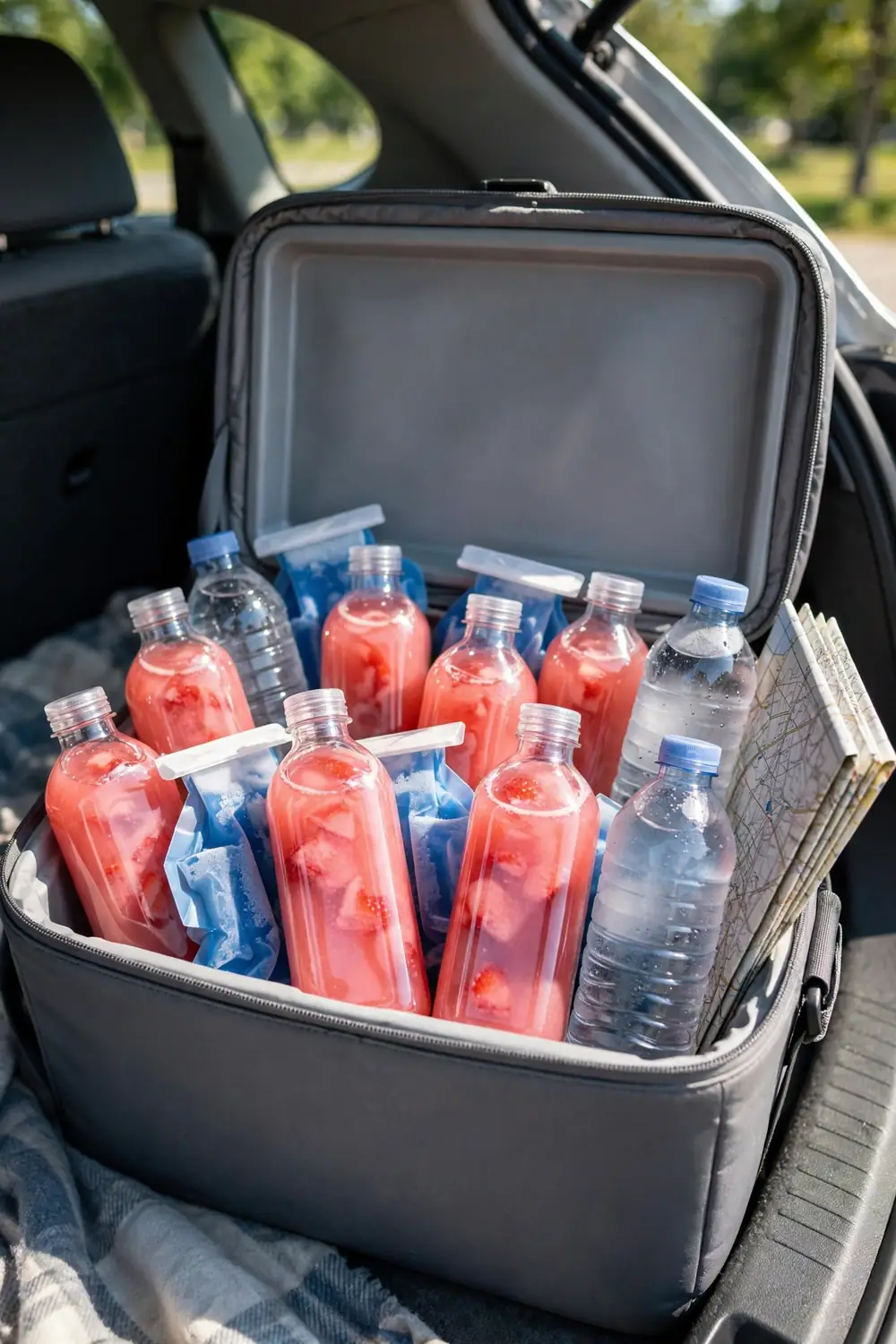 Cooler with bottles of strawberry lemon concentrate and cold water for a road trip