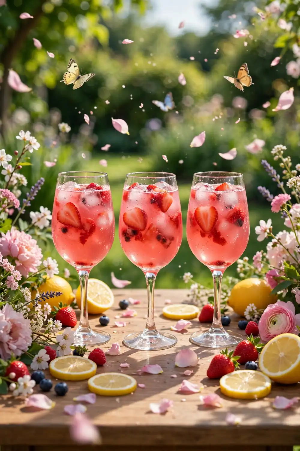 Garden party table with stemmed glasses of pink strawberry lemon drink and flowers