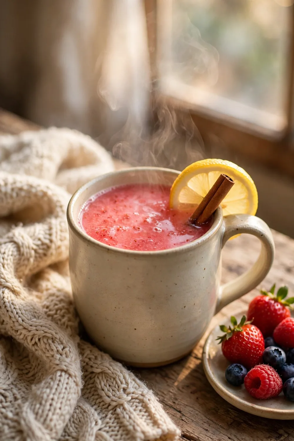 Warm mug of pink strawberry lemon drink with steam, cinnamon stick, and a cozy blanket