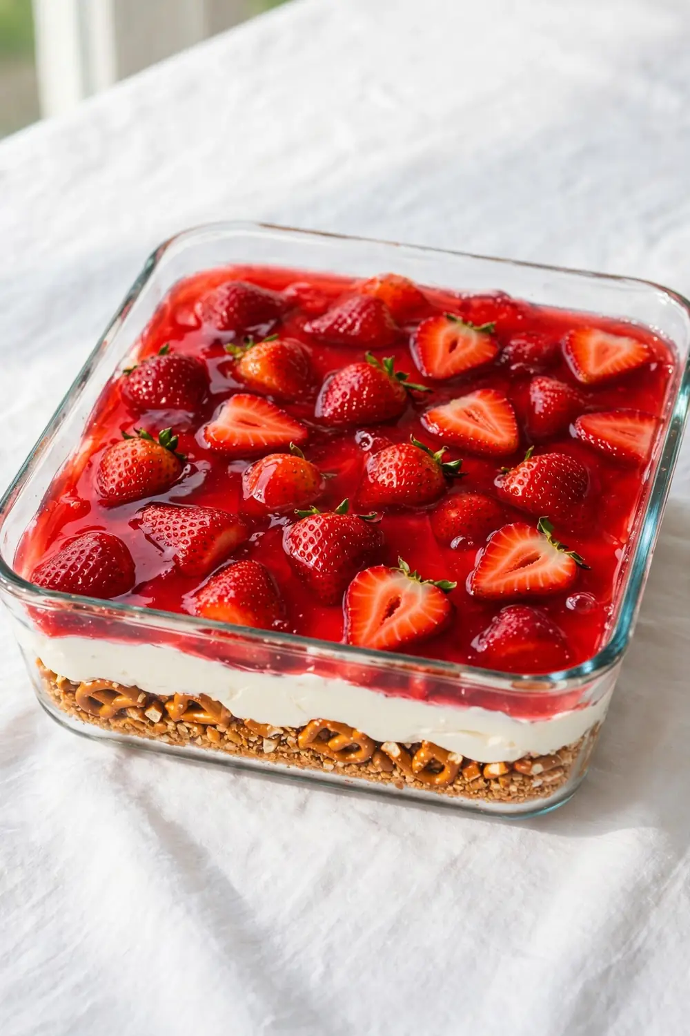 Classic pretzel crust dessert in a glass dish
