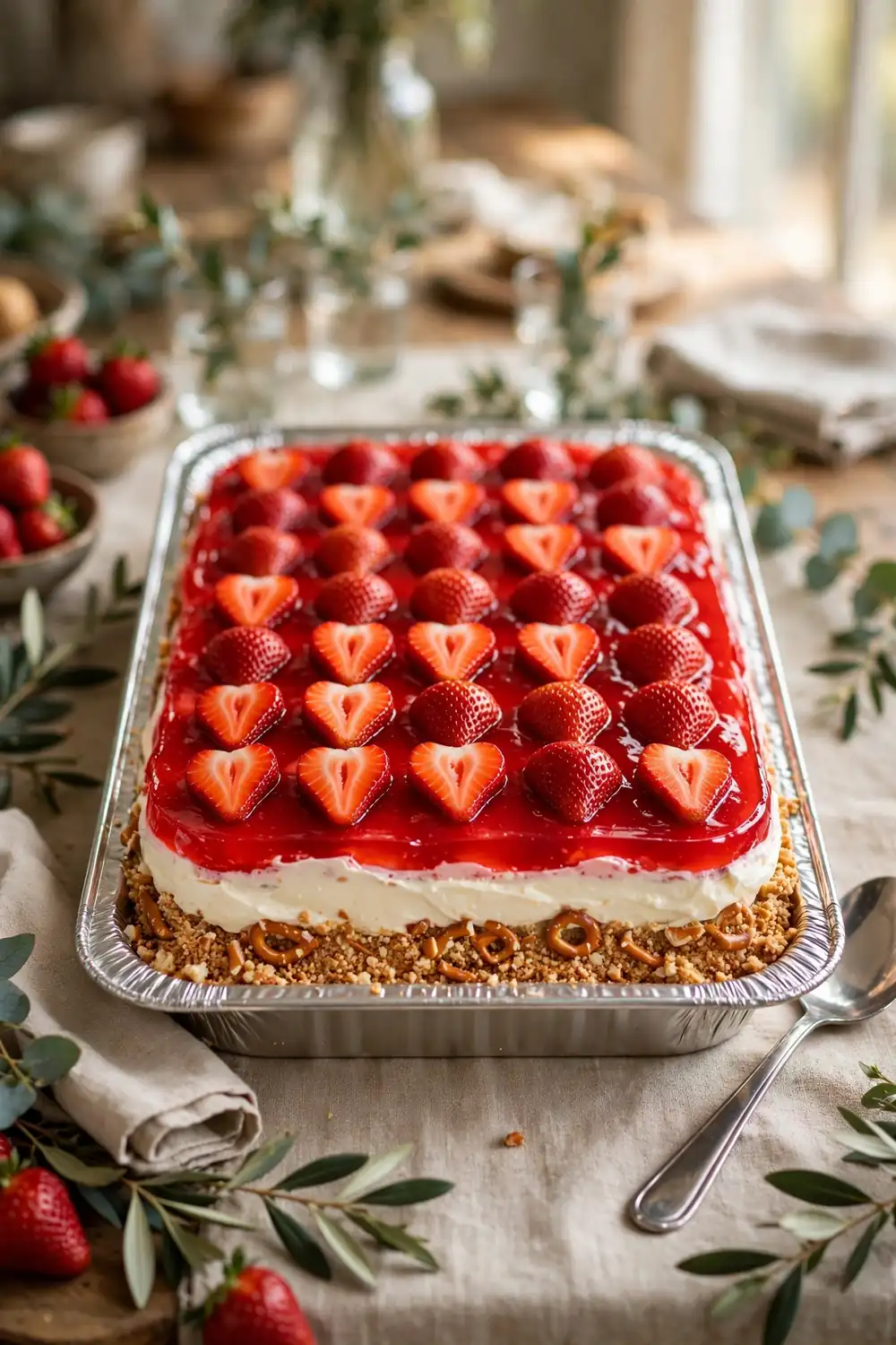 Party pan dessert with rows of strawberries