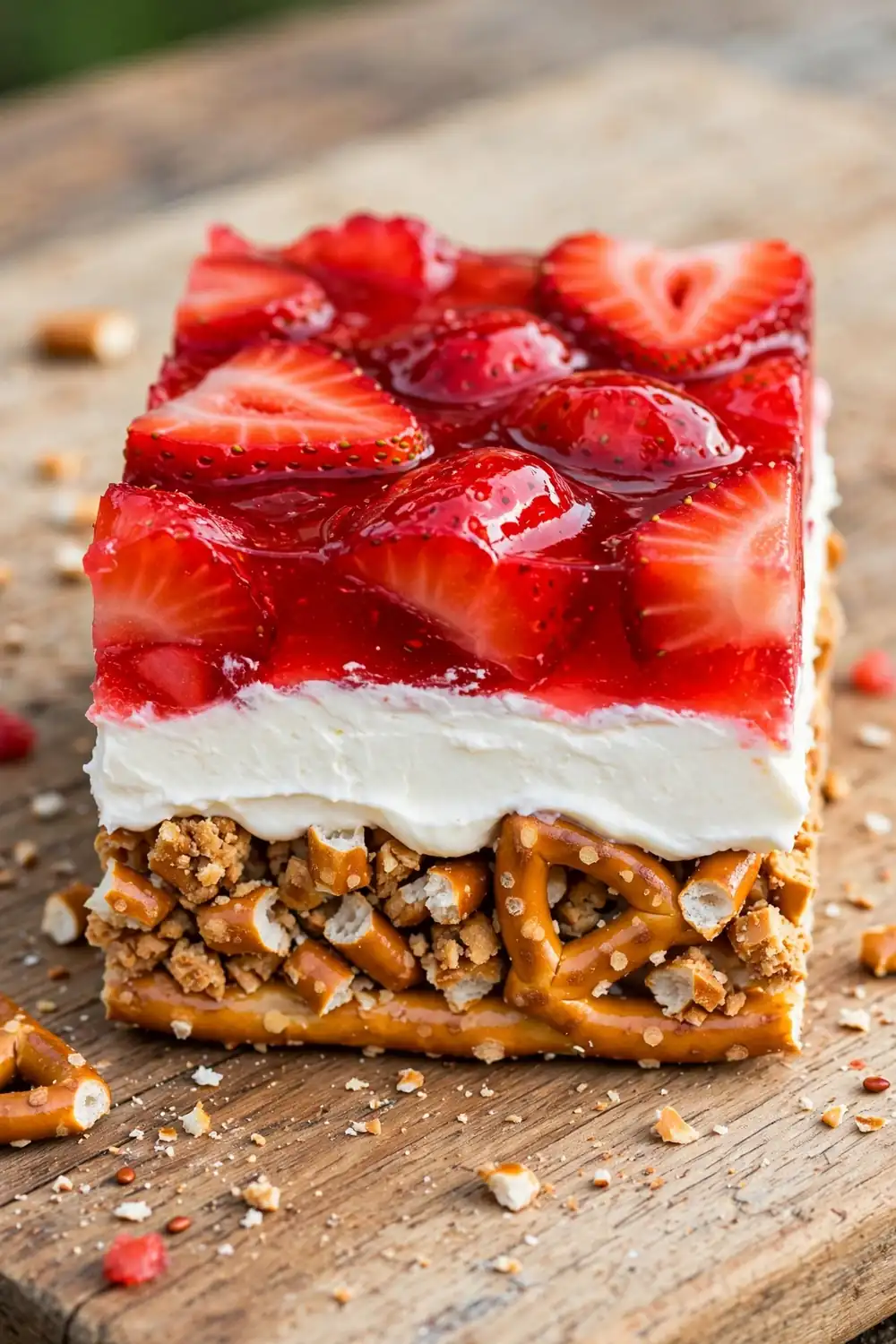 Extra crunchy pretzel base dessert slice
