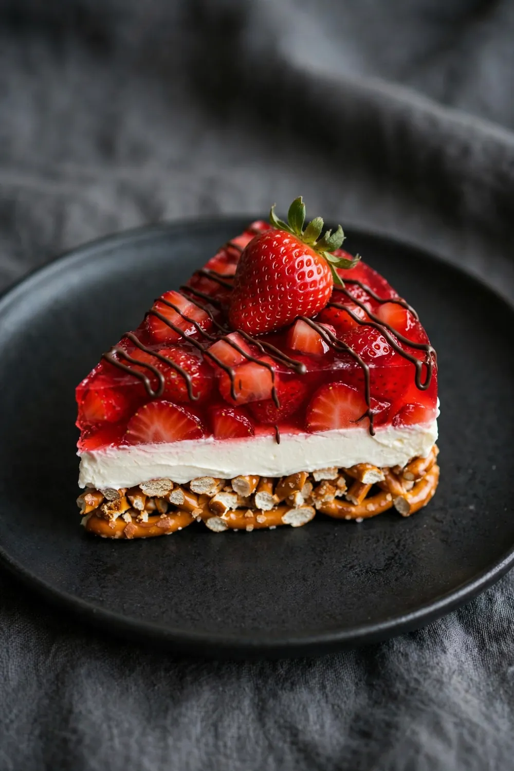 Dessert slice with chocolate drizzle and strawberry