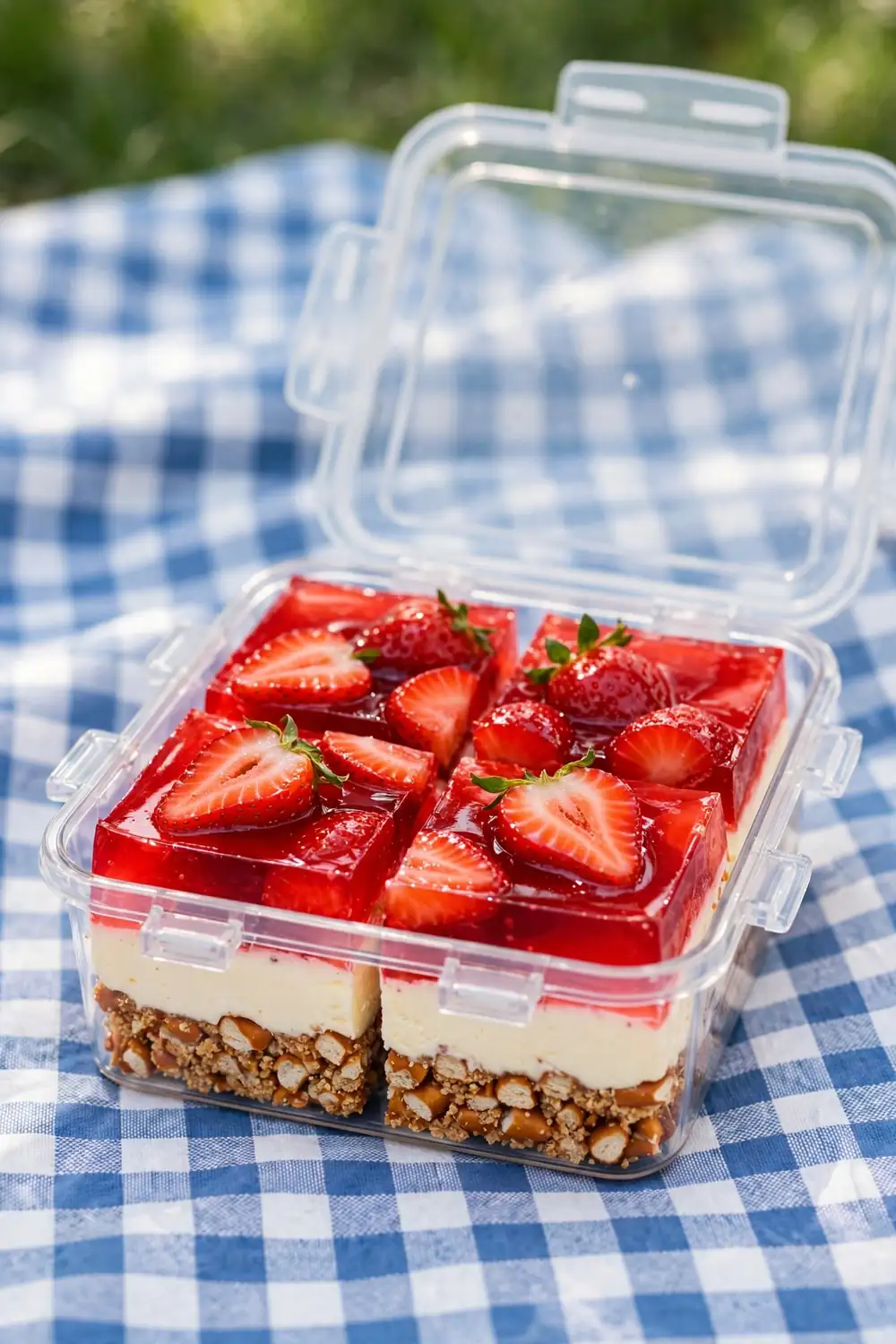 Picnic ready dessert squares in a travel container