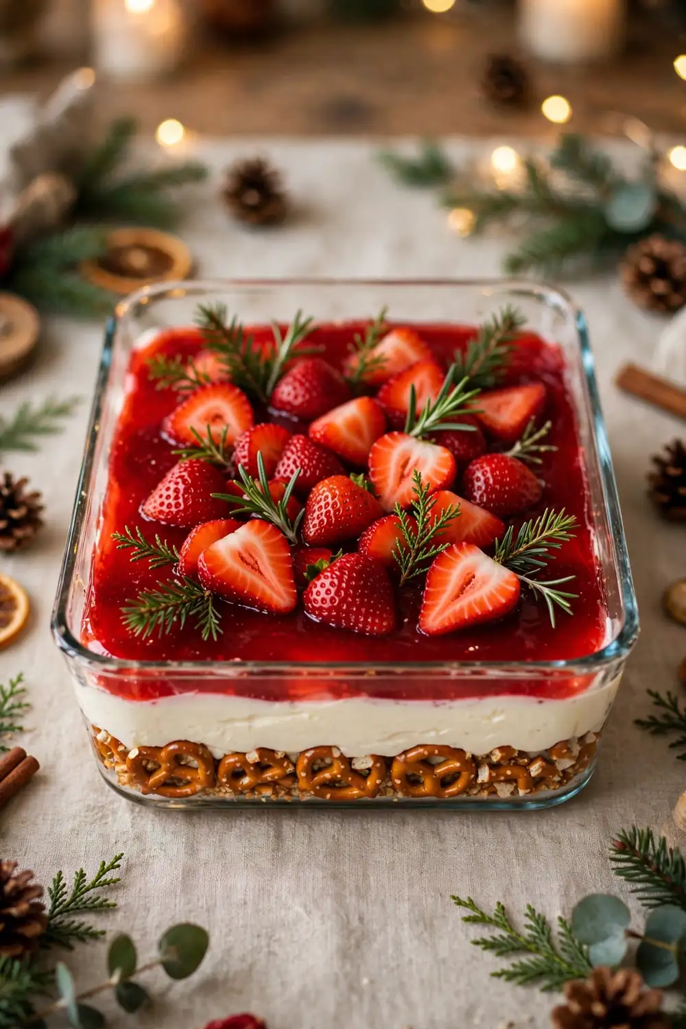 Holiday dessert dish with greenery and berries