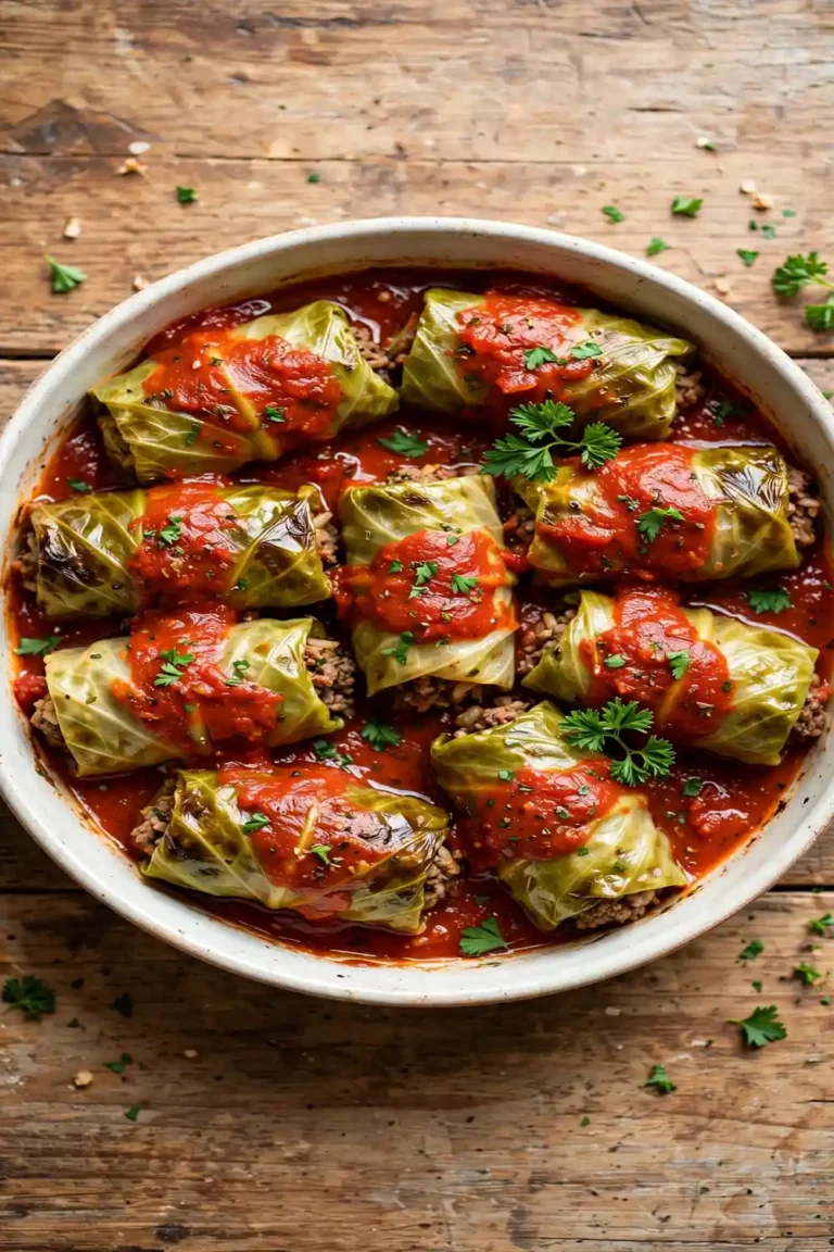 Classic beef filled cabbage parcels baked in rich tomato sauce in a casserole dish