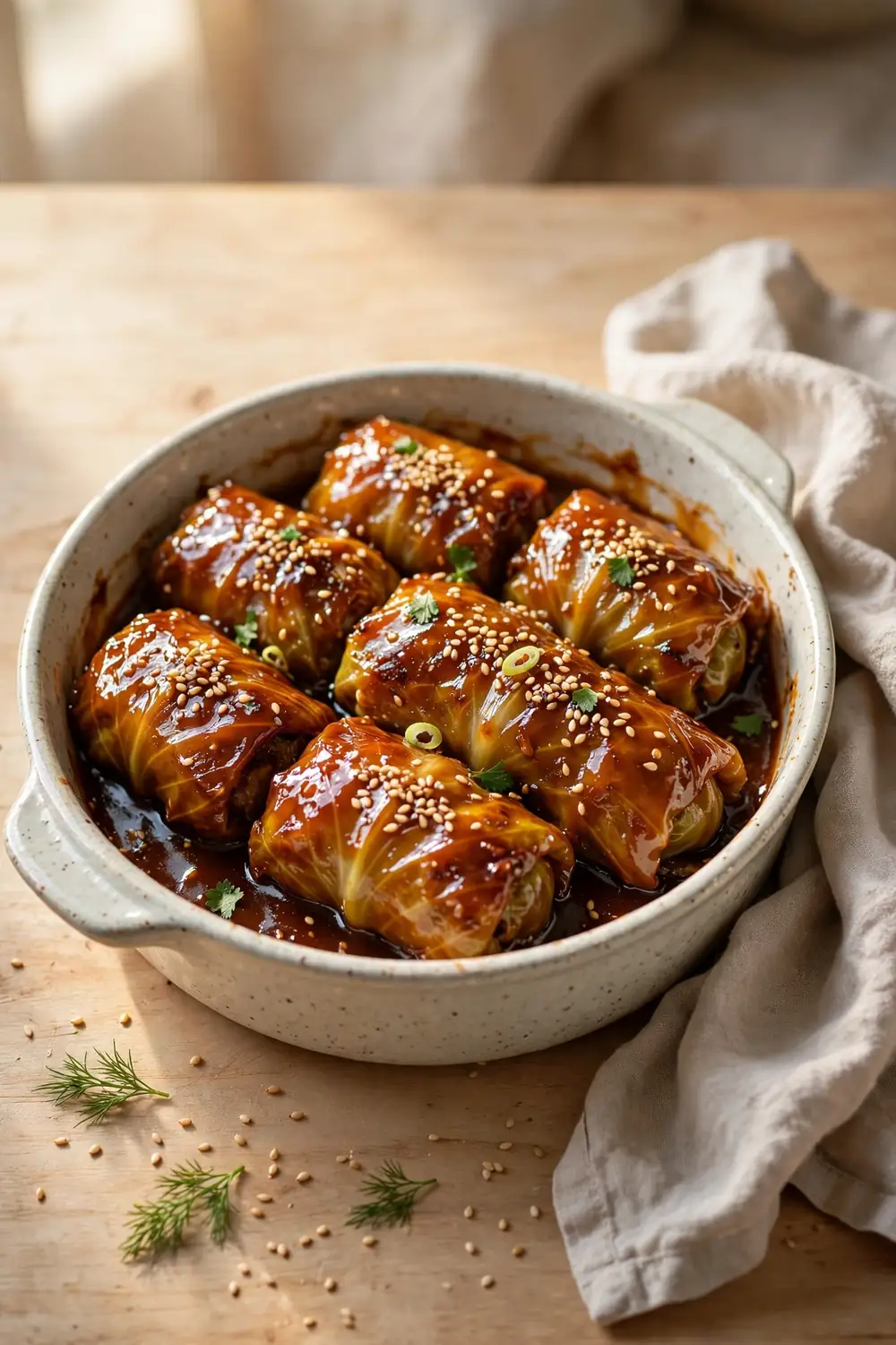 Cabbage parcels glazed with glossy sweet and sour sauce in a casserole