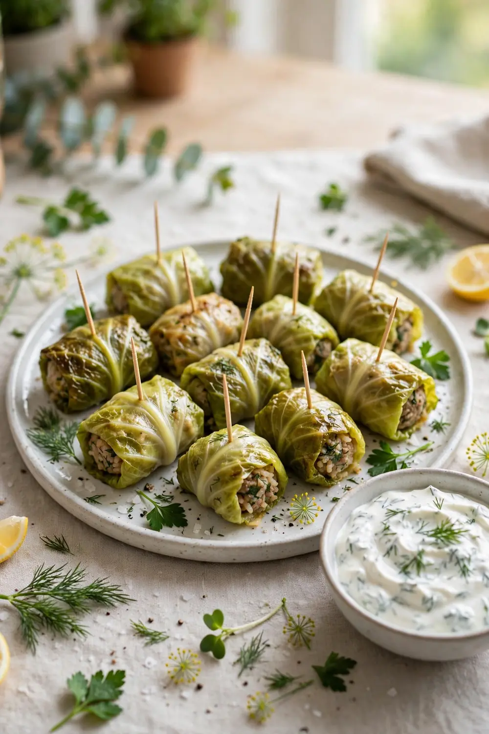 Mini cabbage parcel appetizer bites on a platter with toothpicks and dip