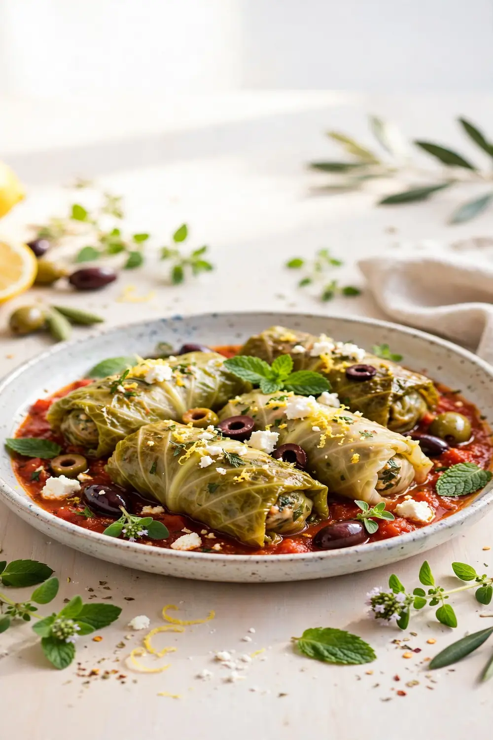 Mediterranean cabbage parcels with herbs feta and olives in tomato sauce