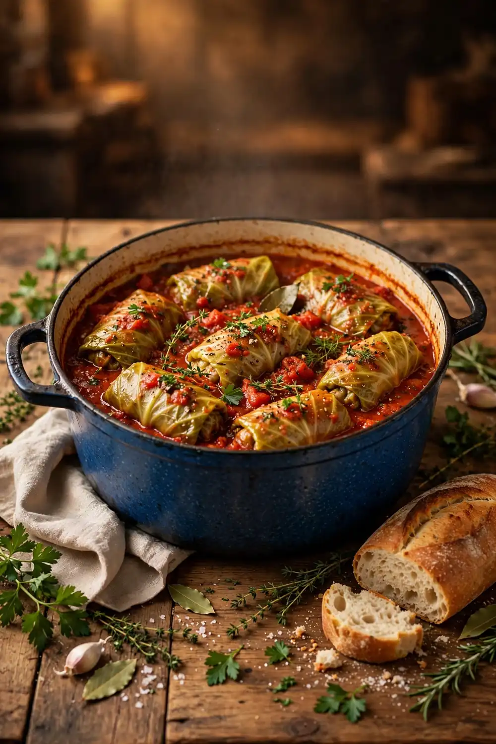 Rustic dutch oven cabbage parcels braised in rich sauce with crusty bread