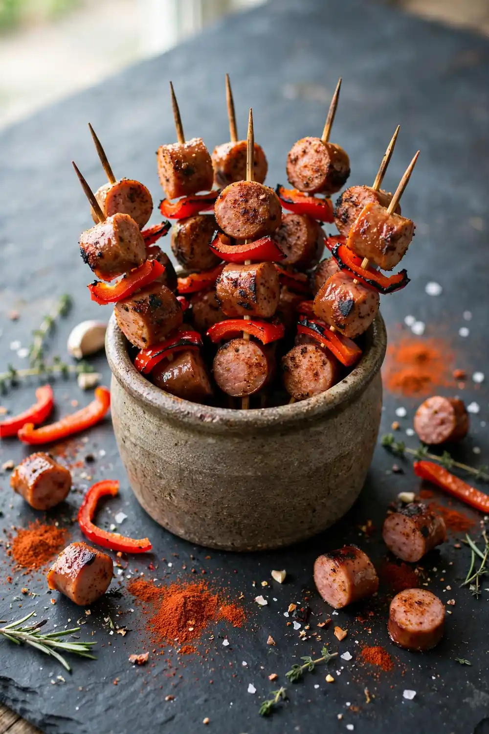 Smoky paprika kielbasa bites on skewers