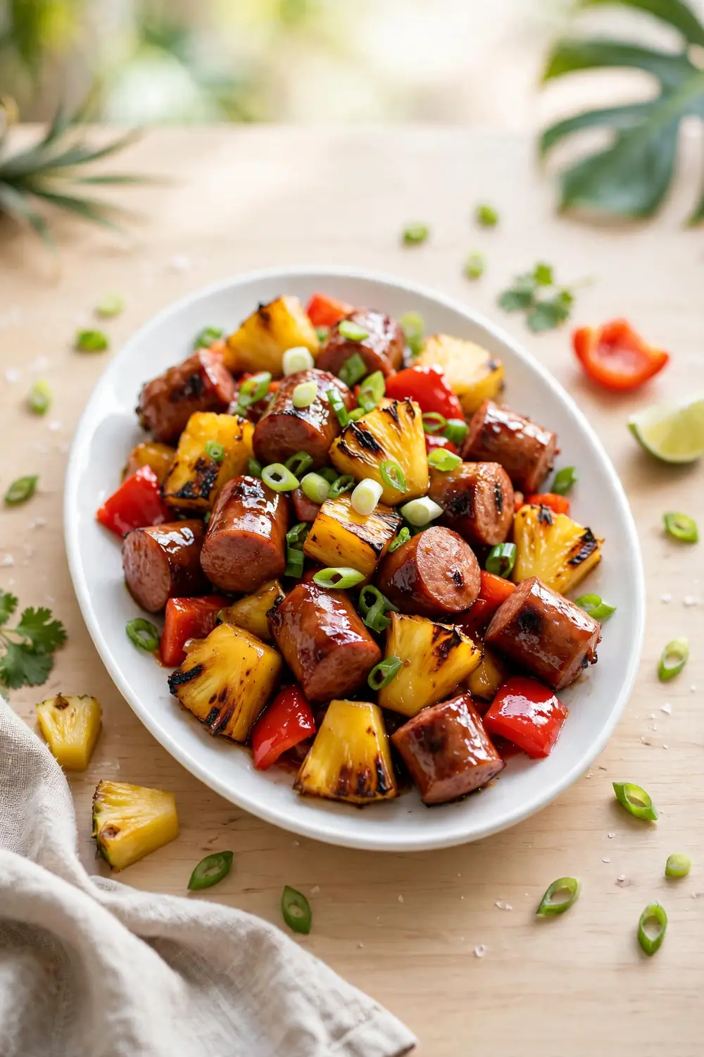 Pineapple pepper kielbasa bites on a platter