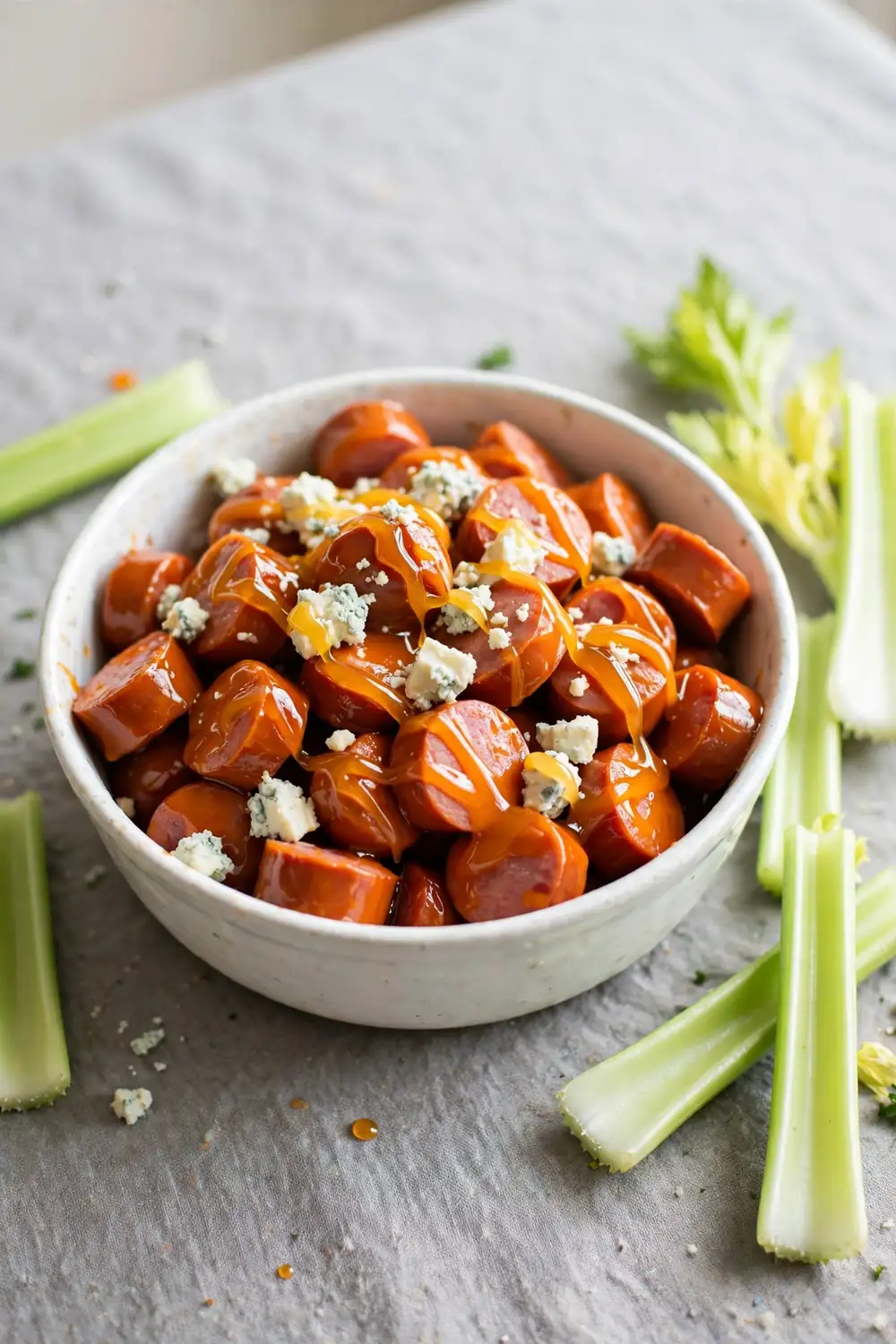 Buffalo honey kielbasa bites in a bowl