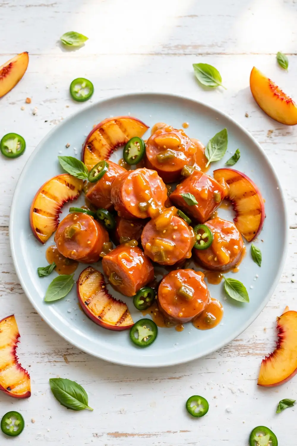 Peach jalapeno glazed kielbasa bites on a plate