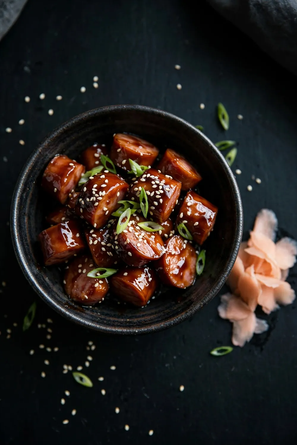 Teriyaki heat glazed kielbasa bites in a bowl