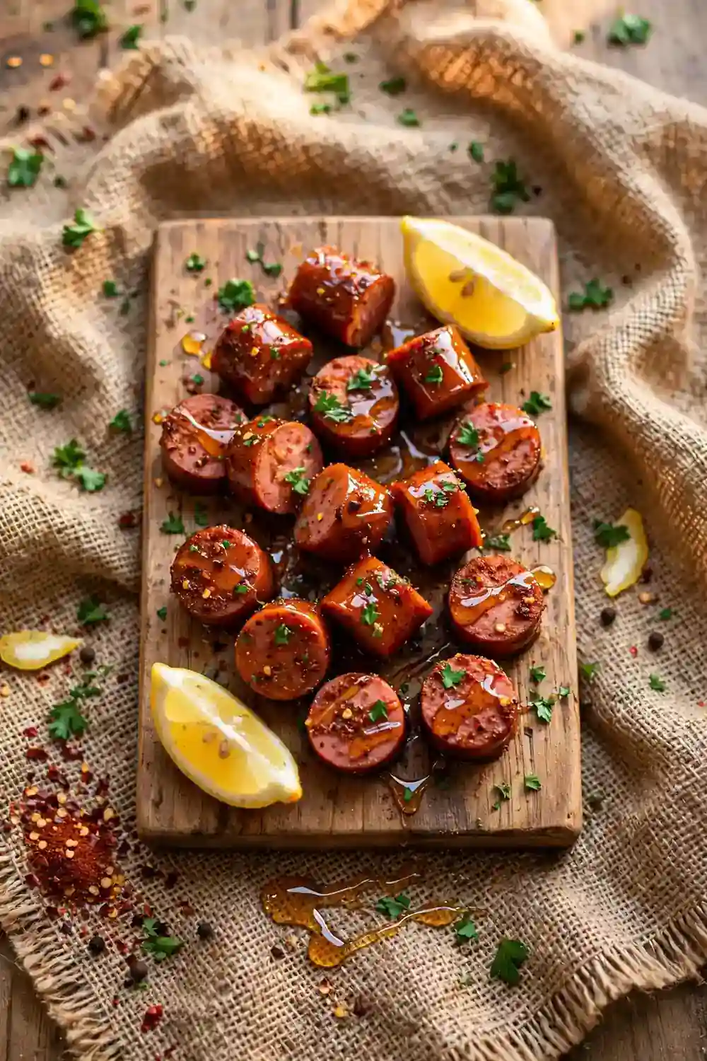 Cajun honey kielbasa bites on a serving board