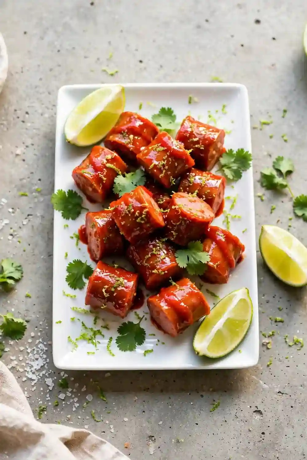 Sriracha lime kielbasa bites on a plate