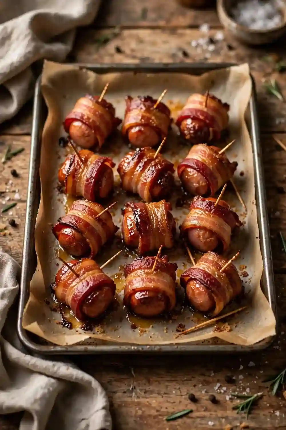 Bacon wrapped kielbasa bites on a tray