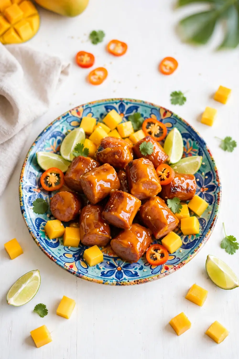 Mango habanero glazed kielbasa bites on a plate
