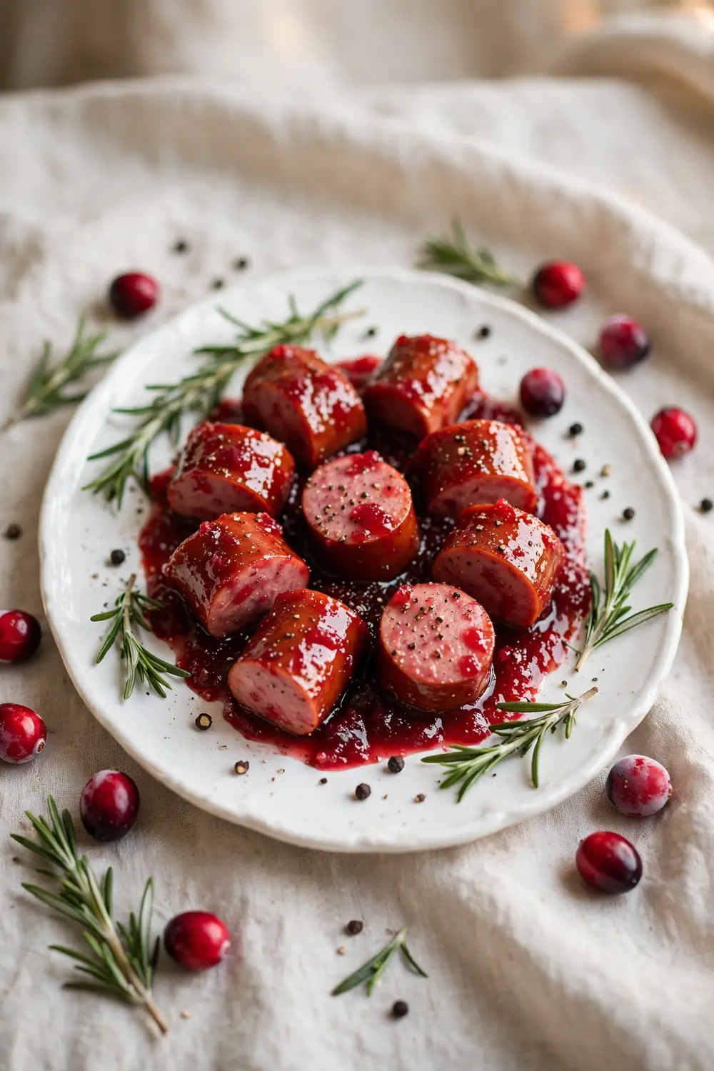 Cranberry pepper glazed kielbasa bites on a platter