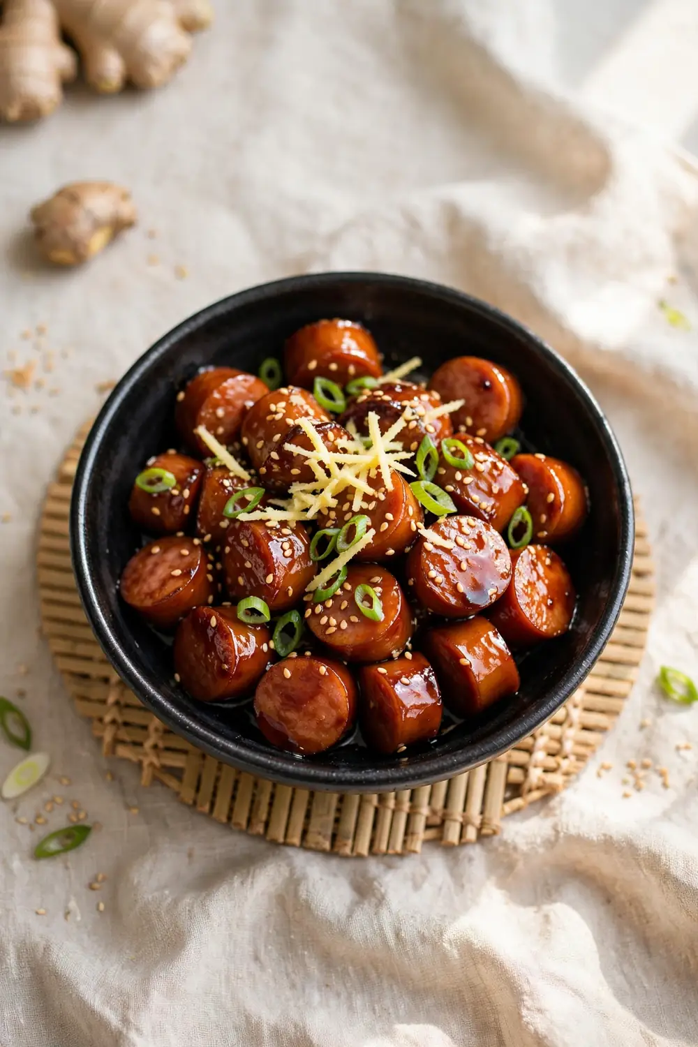 Ginger soy glazed kielbasa bites in a bowl