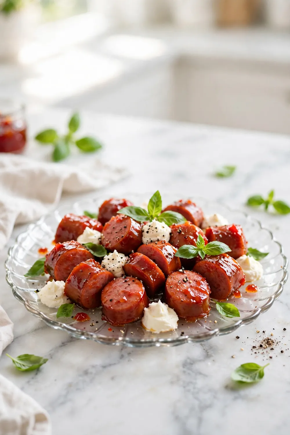 Pepper jelly glazed kielbasa bites on a plate