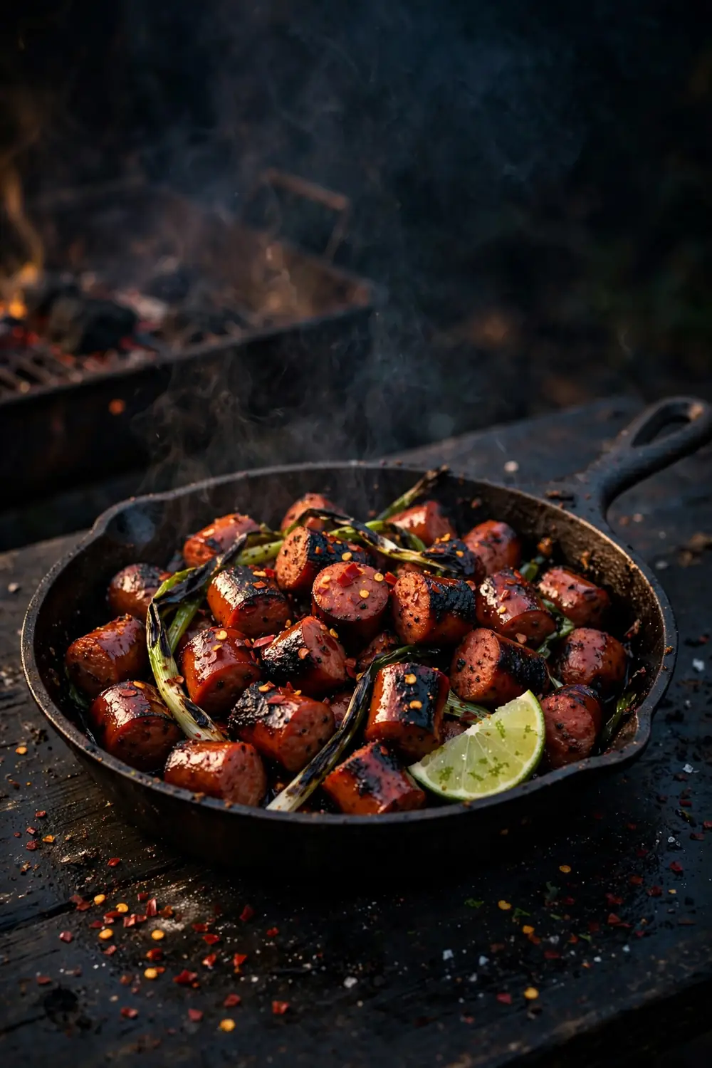 Smoked chili kielbasa bites in a skillet