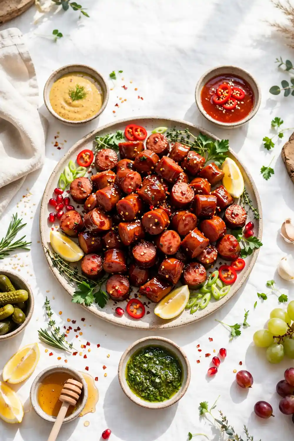 Sweet heat kielbasa platter with dipping bowls