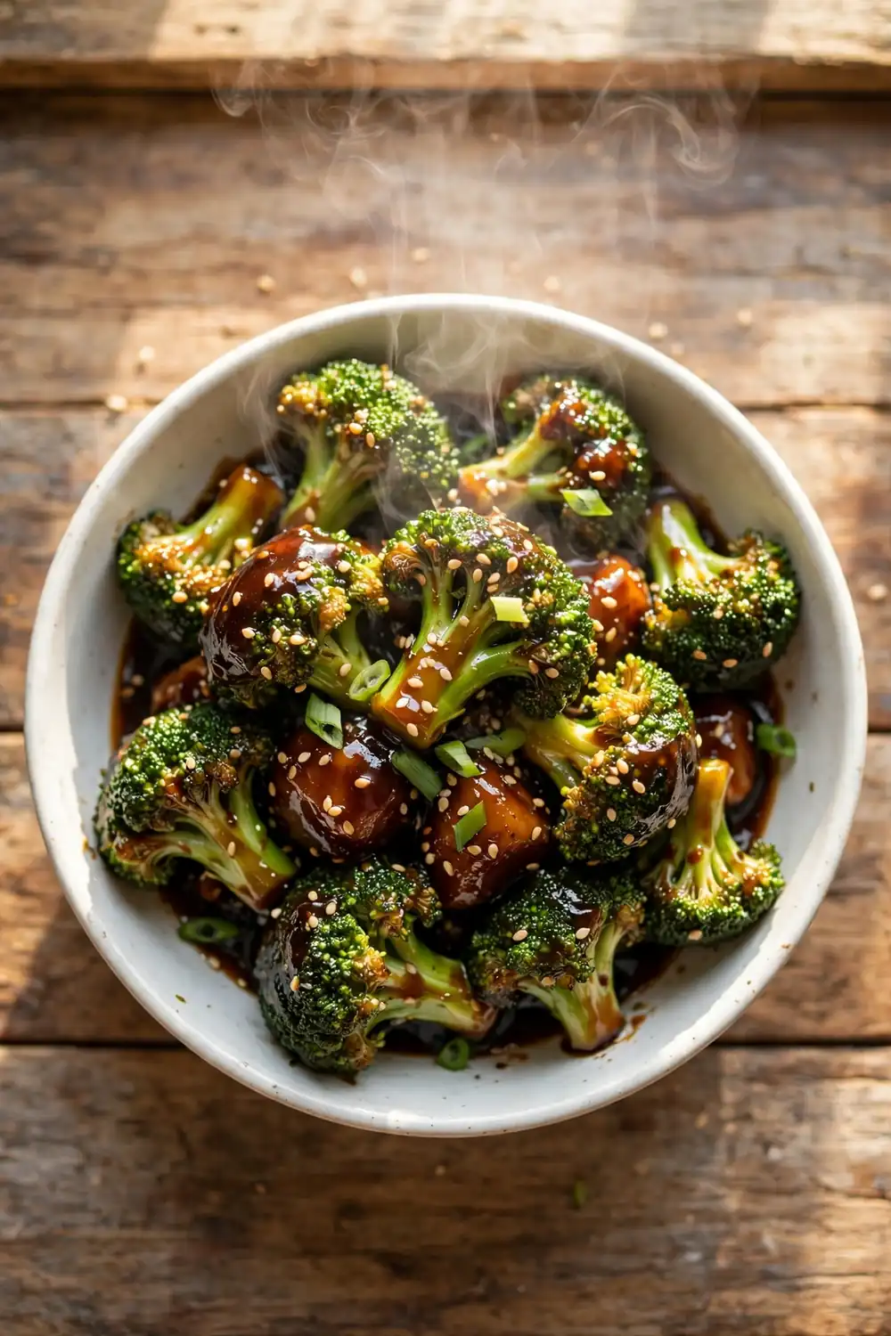 Glossy glazed broccoli florets with sesame seeds and scallions in a white ceramic bowl