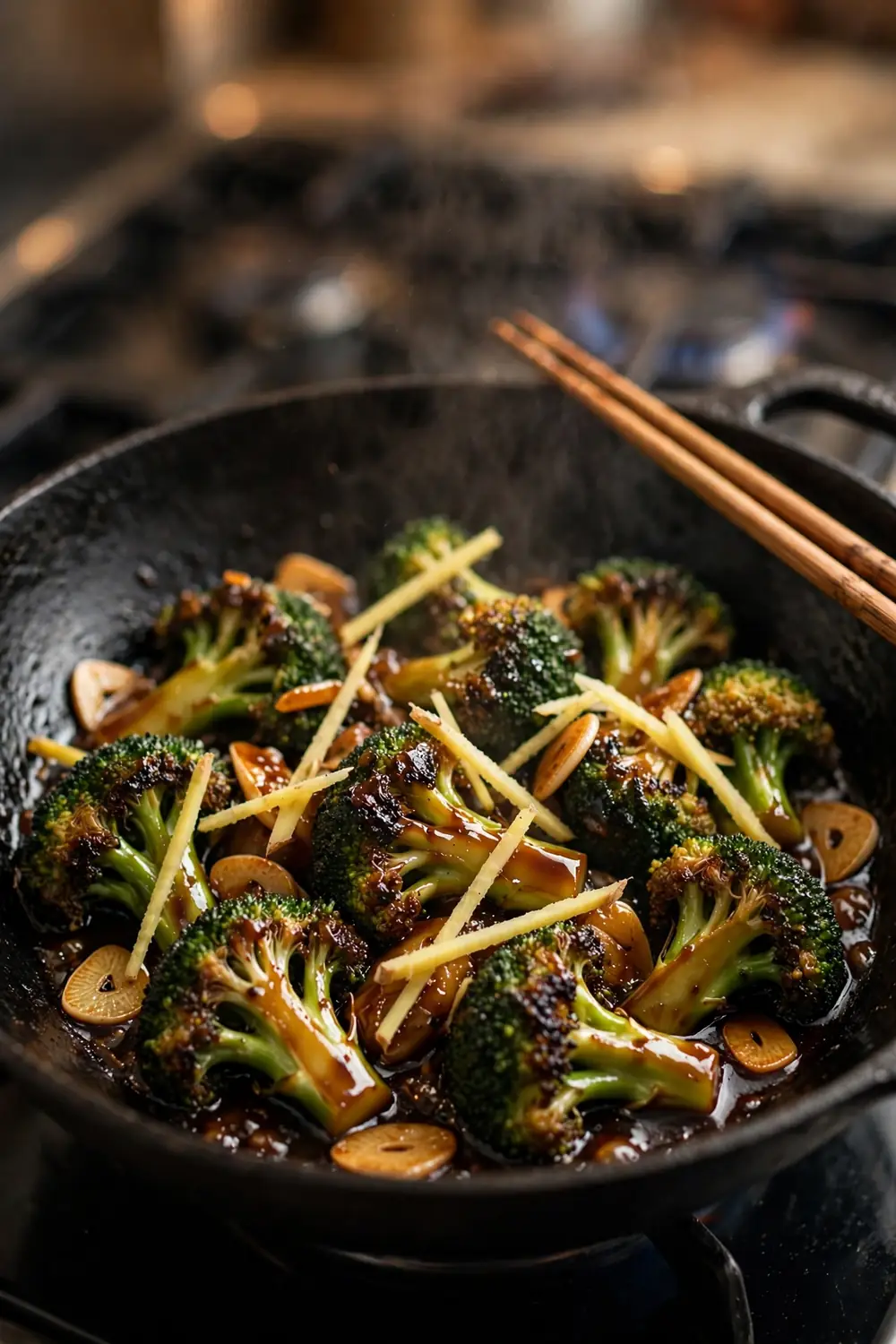 Broccoli florets stir fried with garlic and ginger strips in a black wok with glossy sauce