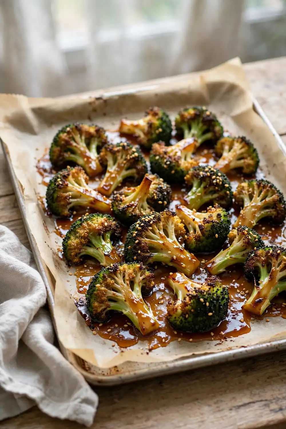 Roasted broccoli florets with honey glaze and sesame seeds on a parchment lined baking sheet
