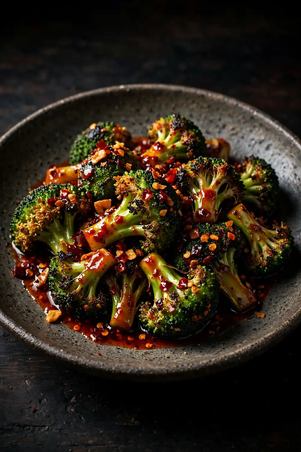 Spicy broccoli florets with chili crisp and red chili flakes in a stoneware bowl