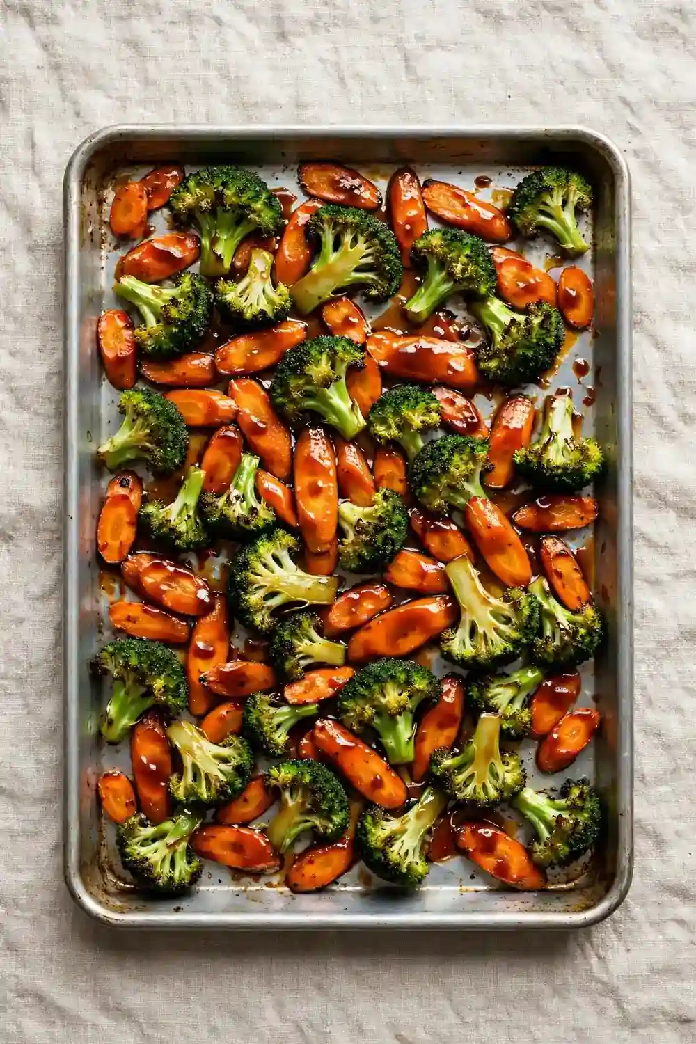 Sheet pan broccoli florets with roasted carrots and glossy sauce on a metal baking tray