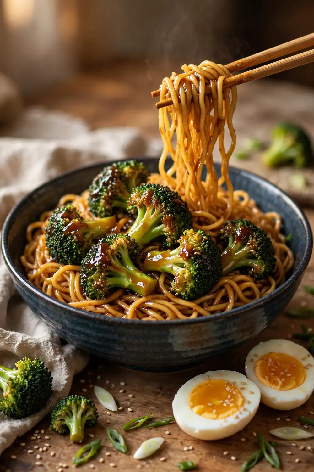 Broccoli florets over wheat noodles in a deep bowl with chopsticks lifting noodles