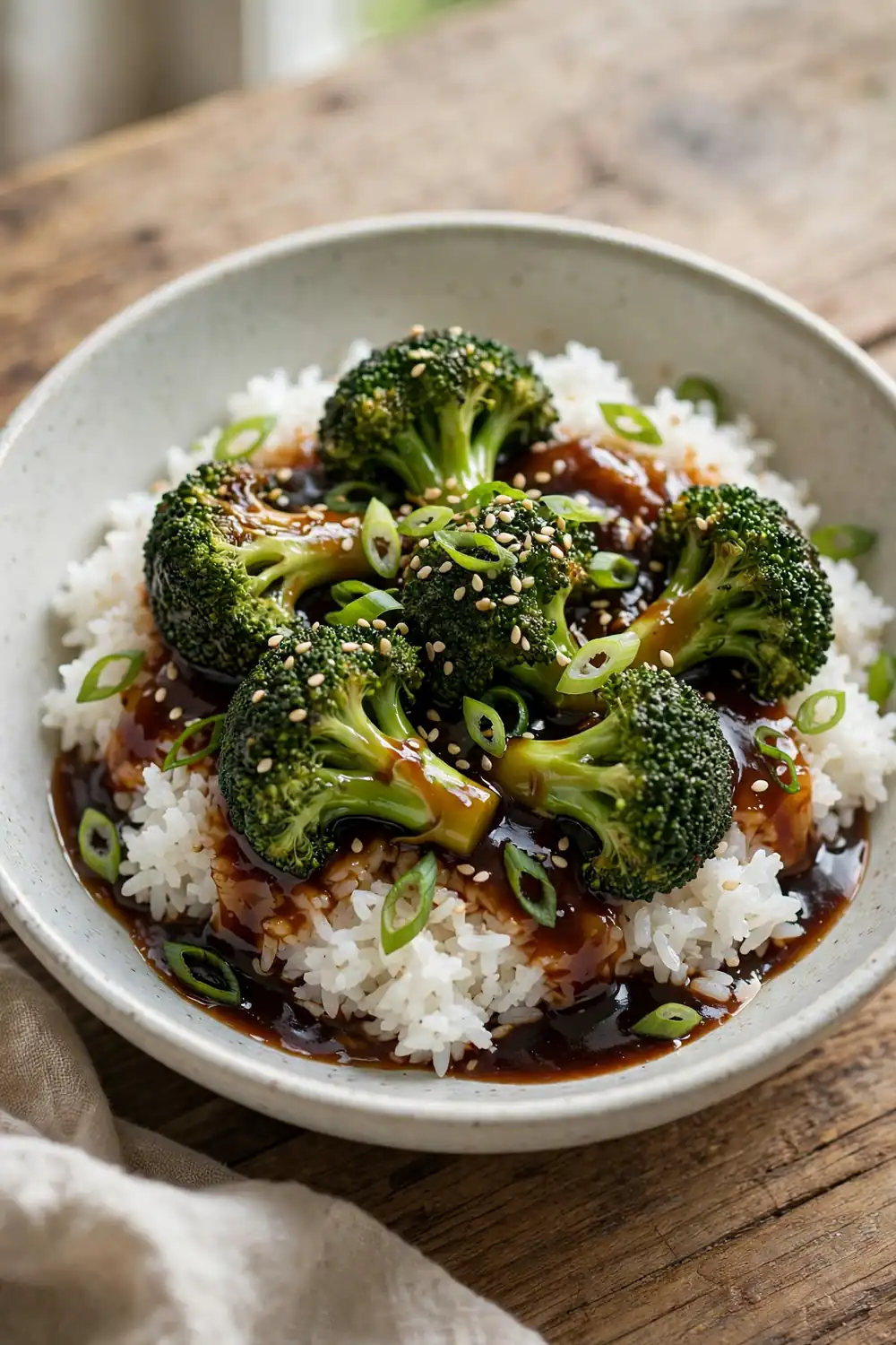 Broccoli florets over steamed white rice in a ceramic bowl with green onion and sesame