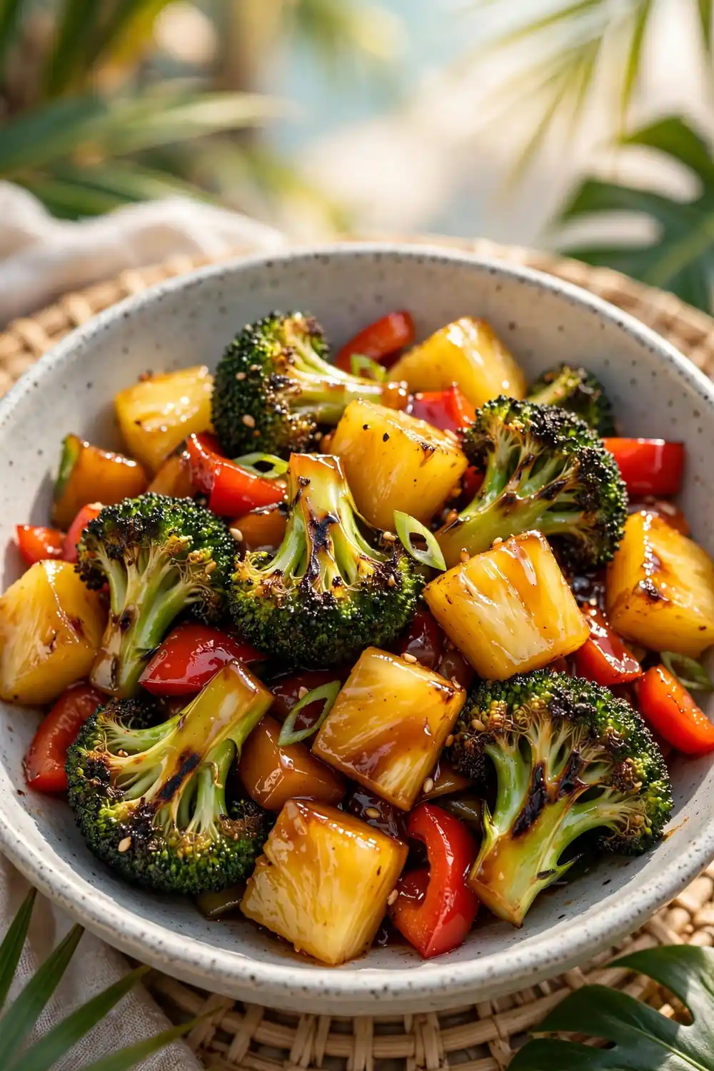 Broccoli florets with pineapple chunks and red bell pepper in a colorful stir fry bowl