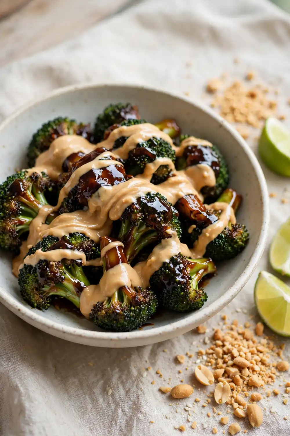 Broccoli florets drizzled with creamy peanut sauce in a shallow bowl with lime wedges
