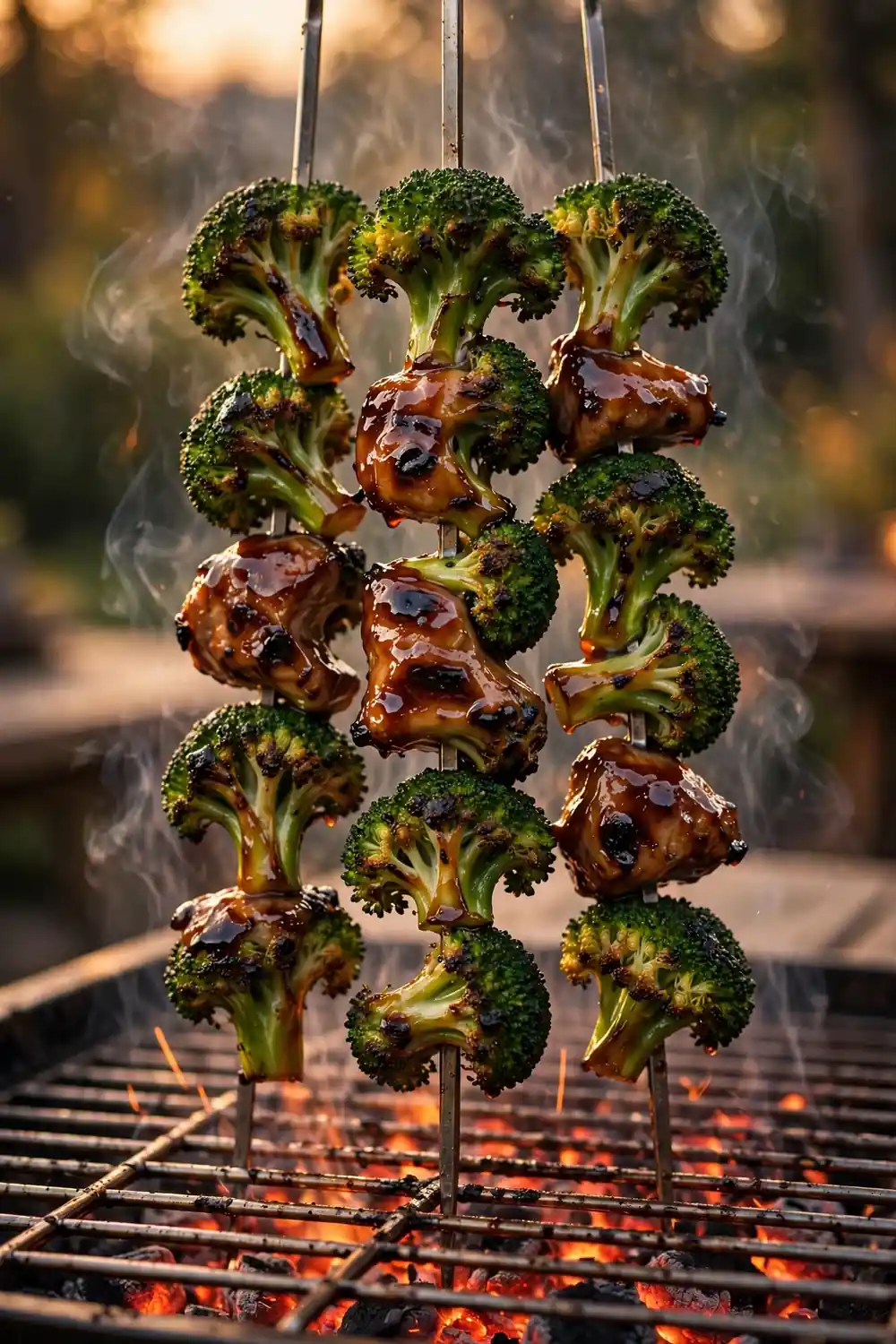 Grilled broccoli florets on metal skewers over glowing grill grates with char marks