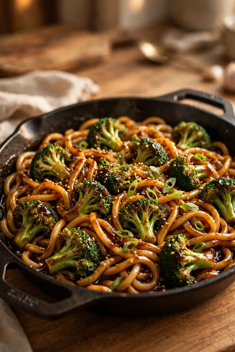 Broccoli florets tangled with udon noodles in a large skillet with sesame and scallions