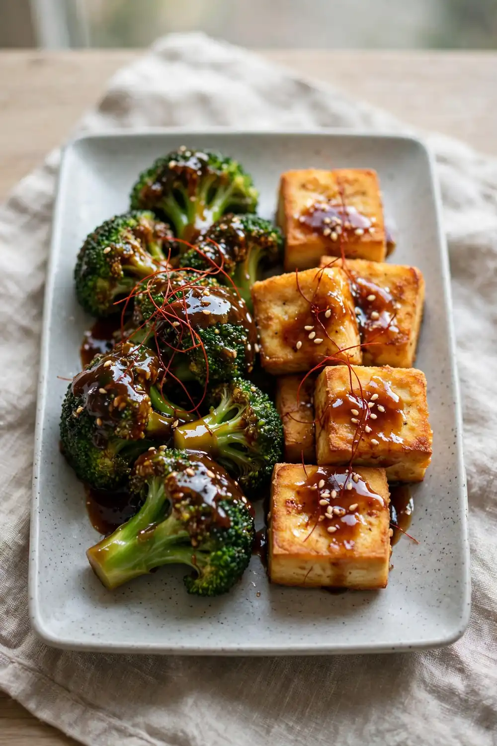 Broccoli florets beside golden seared tofu cubes on a rectangular plate with chili threads