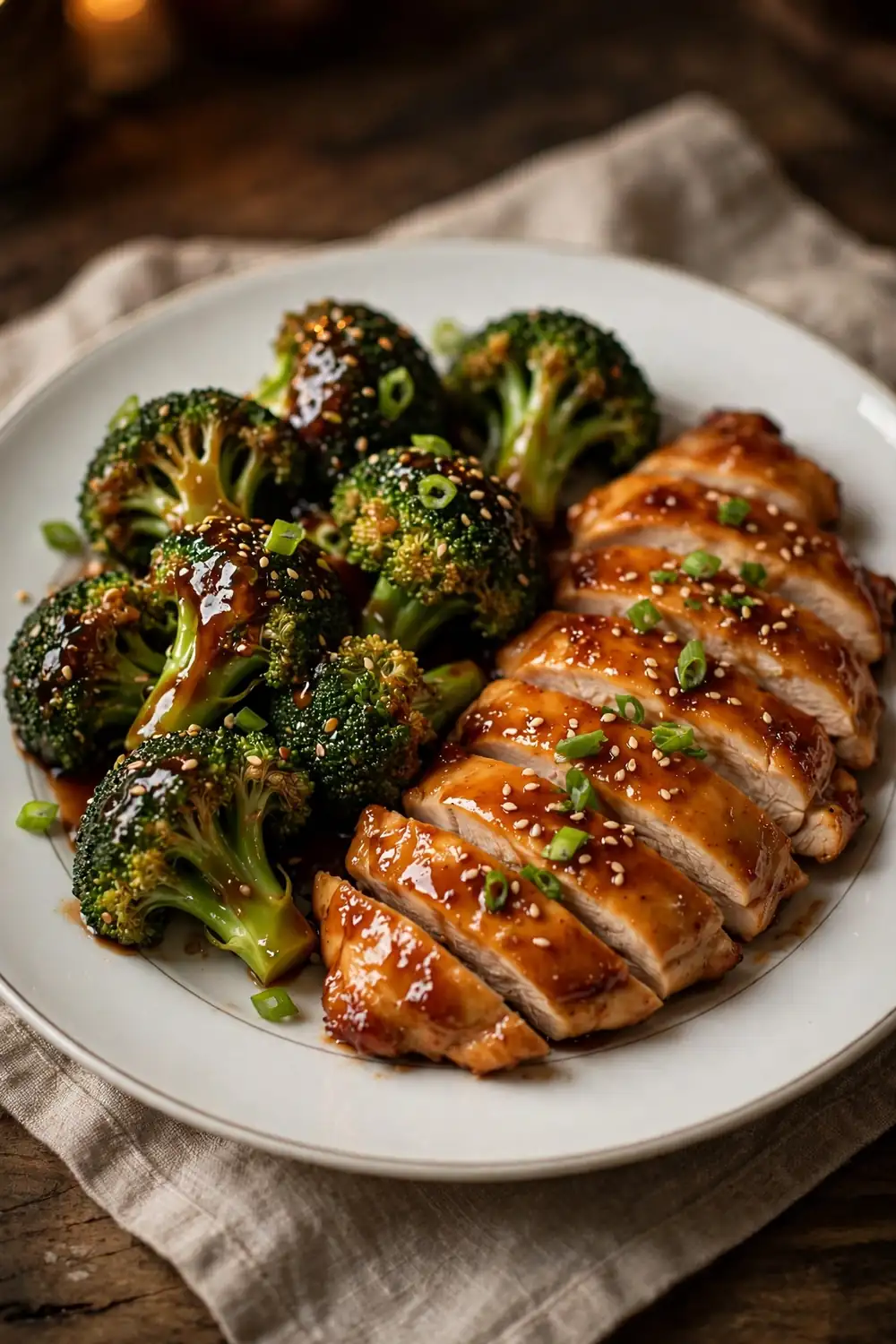 Broccoli florets next to sliced glazed chicken on a white dinner plate with sesame