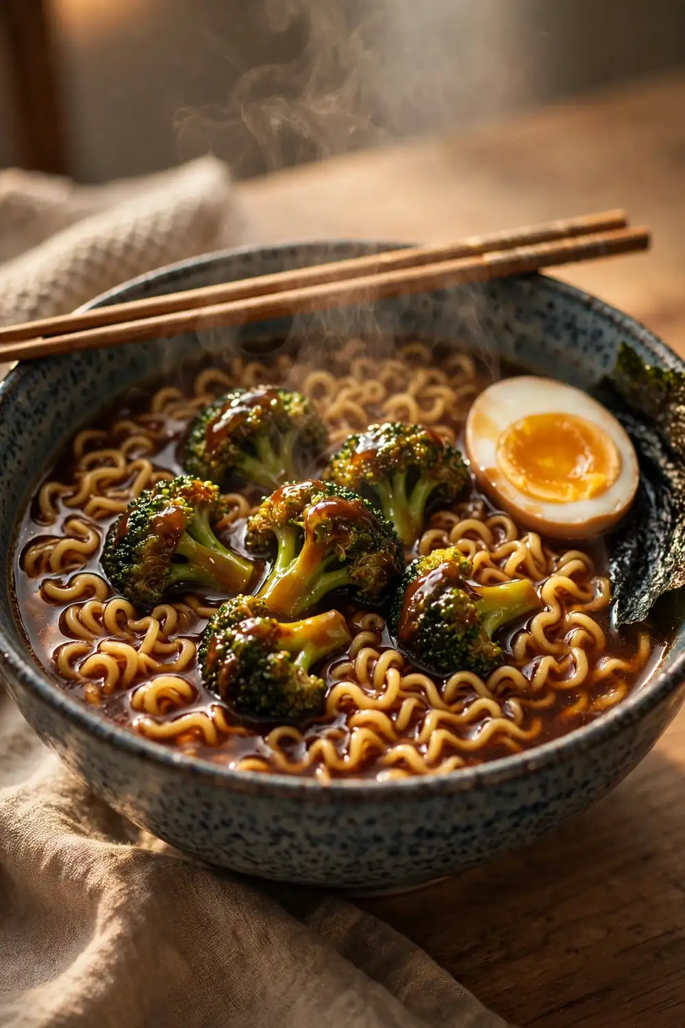 Broccoli florets in steaming ramen broth with curly noodles, soft egg, and nori