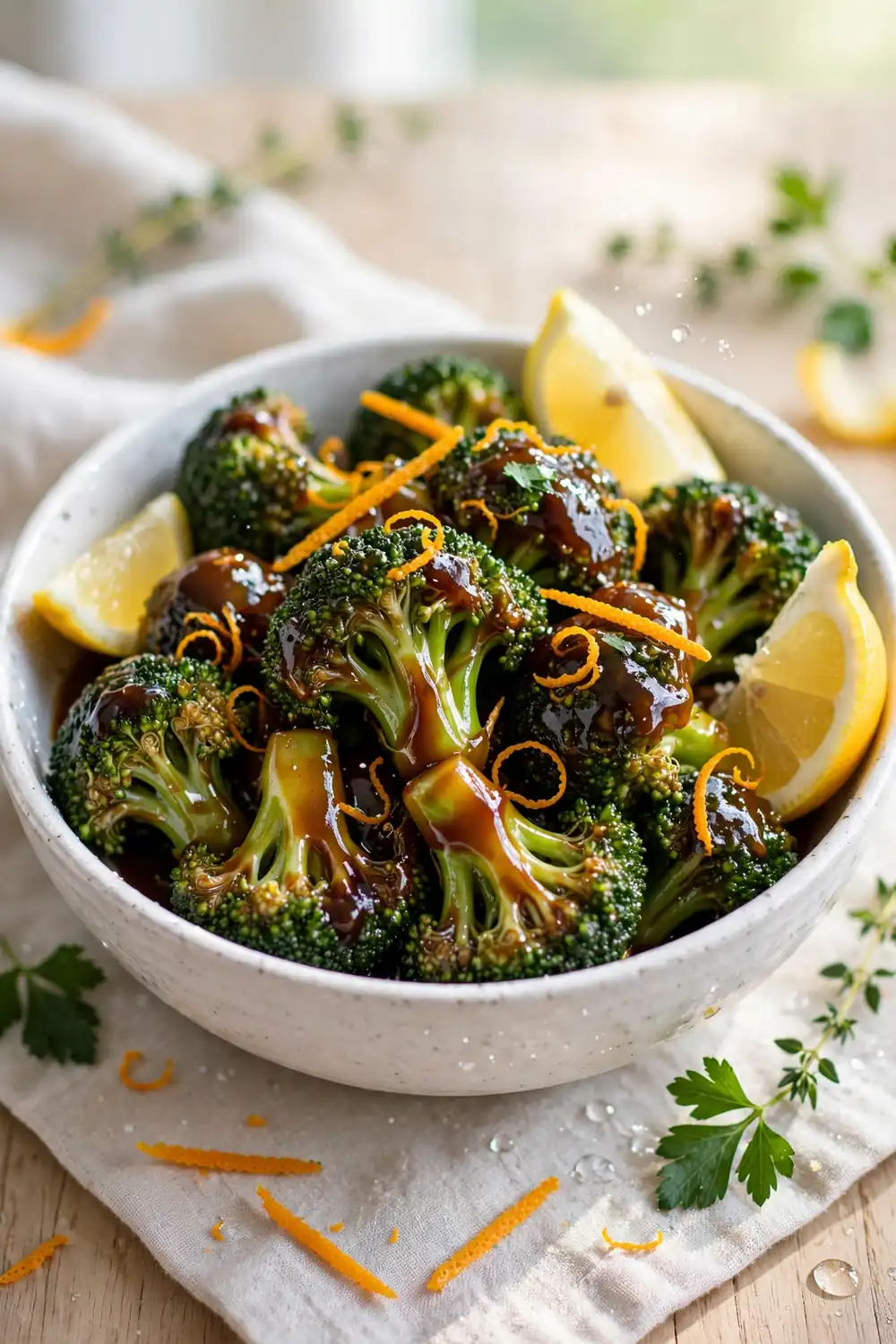 Broccoli florets with orange zest strips and lemon wedges in a bright serving bowl