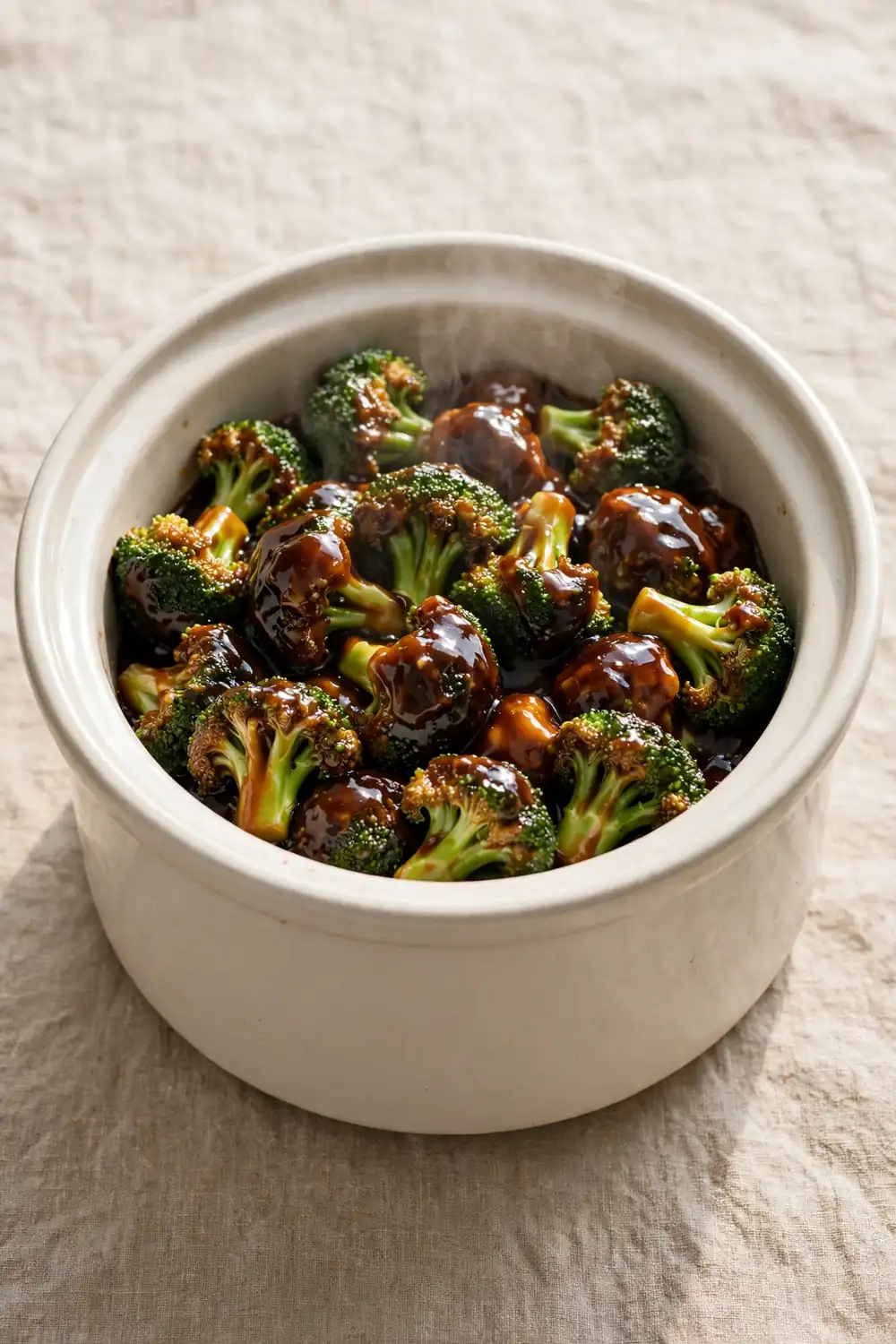 Broccoli florets in rich glossy sauce inside a ceramic slow cooker pot with steam rising