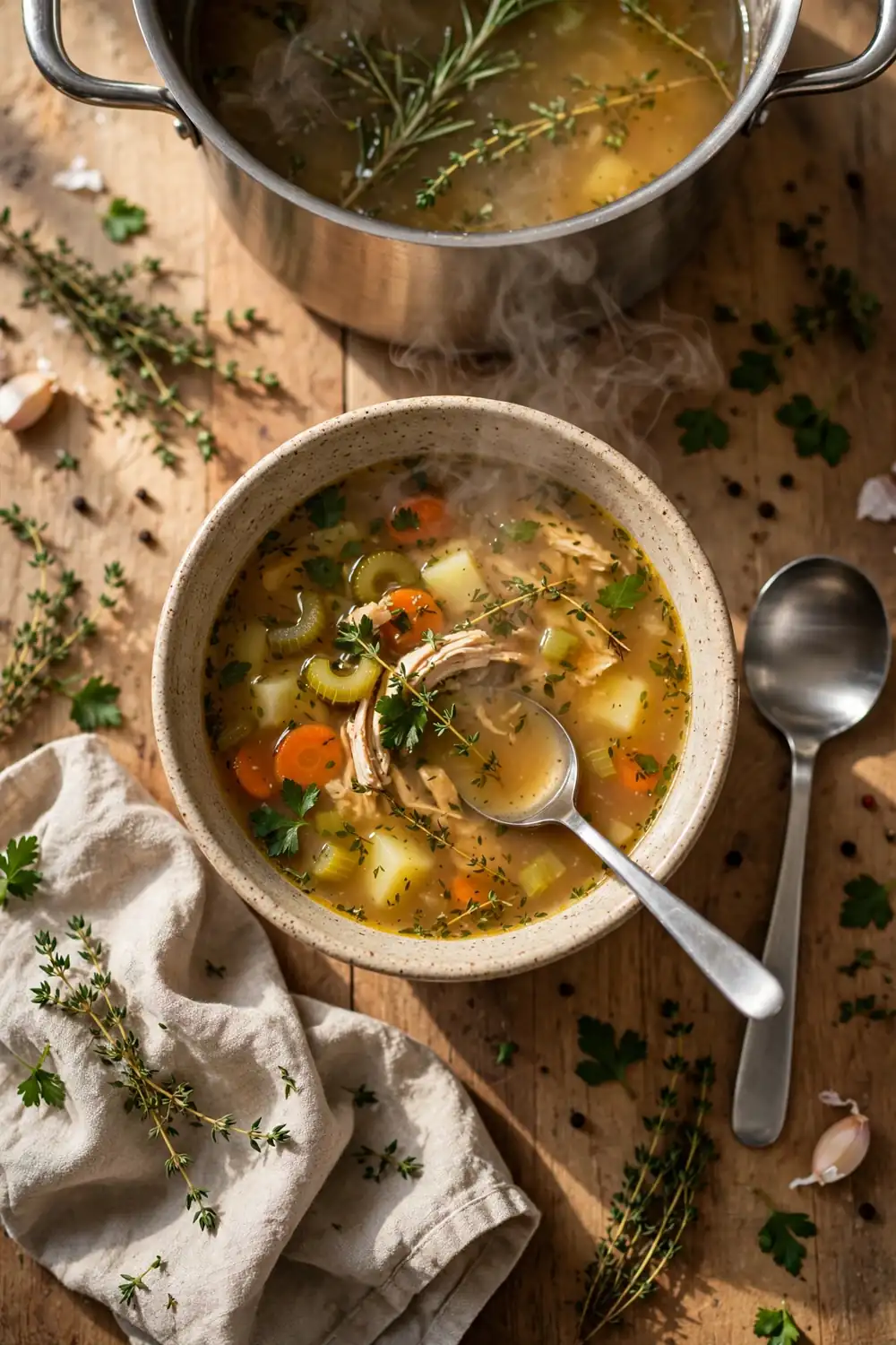 A bowl of soup with a spoon