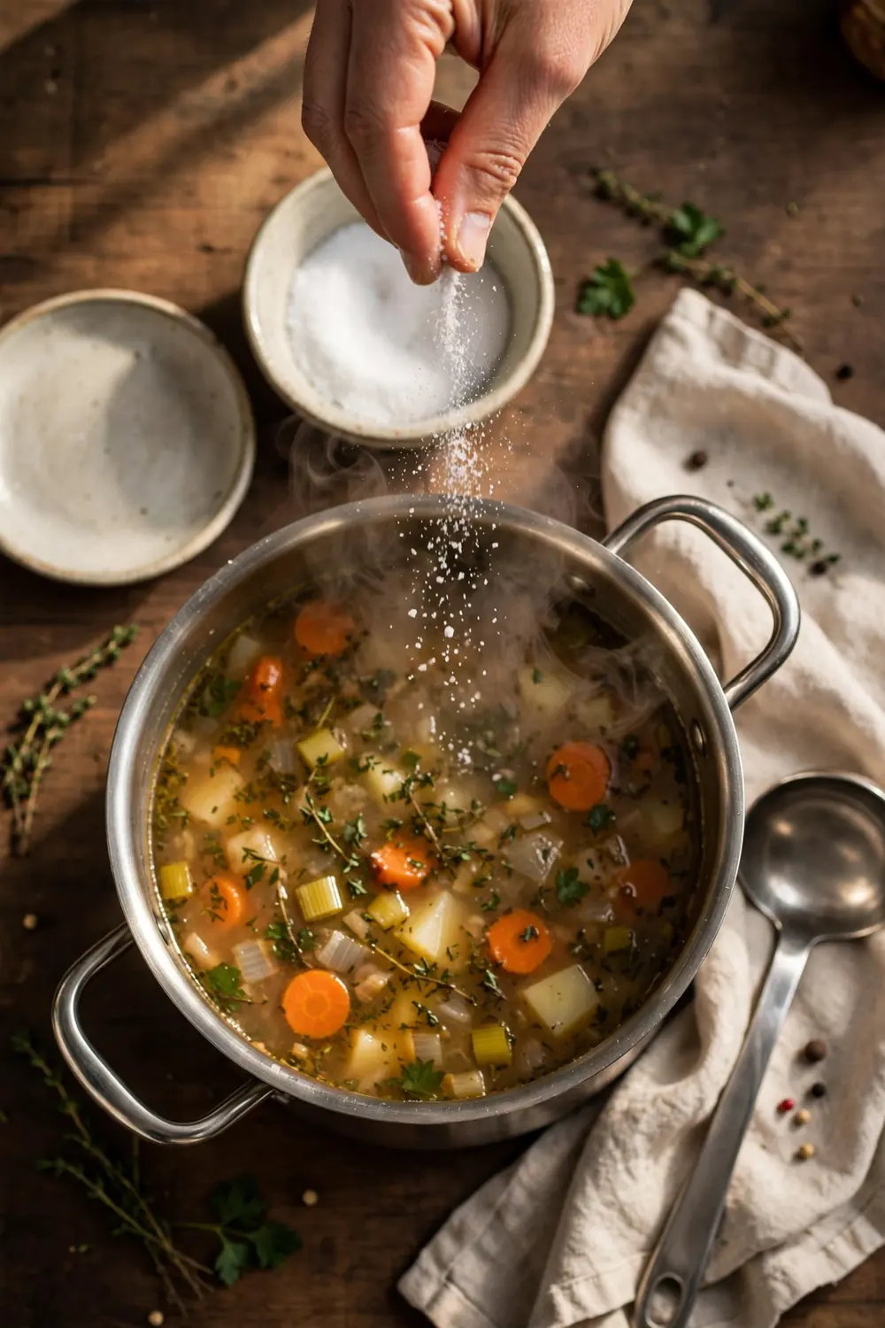 Salt pinched over a stockpot of soup